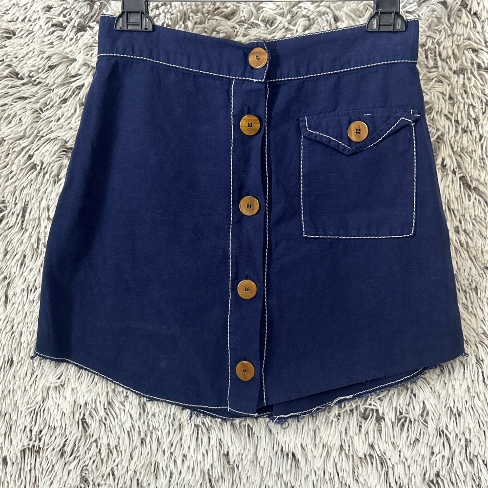 TFR Zara Linen Blend Utility Mini Skirt Y2K Bratz Buttons Raw Hem‎ Small Blue